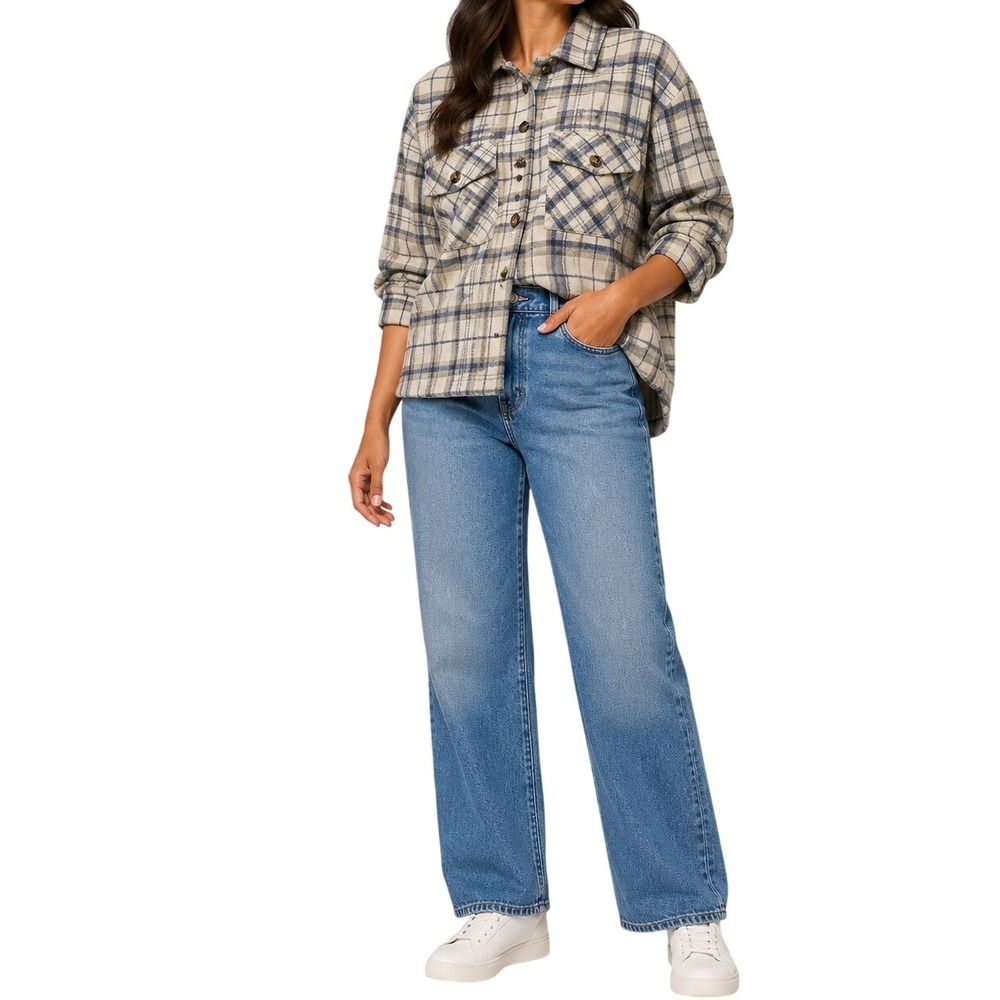 Mittoshop Plaid Shacket Womens Large Tan Blue Button‎ Up Oversized Jacket